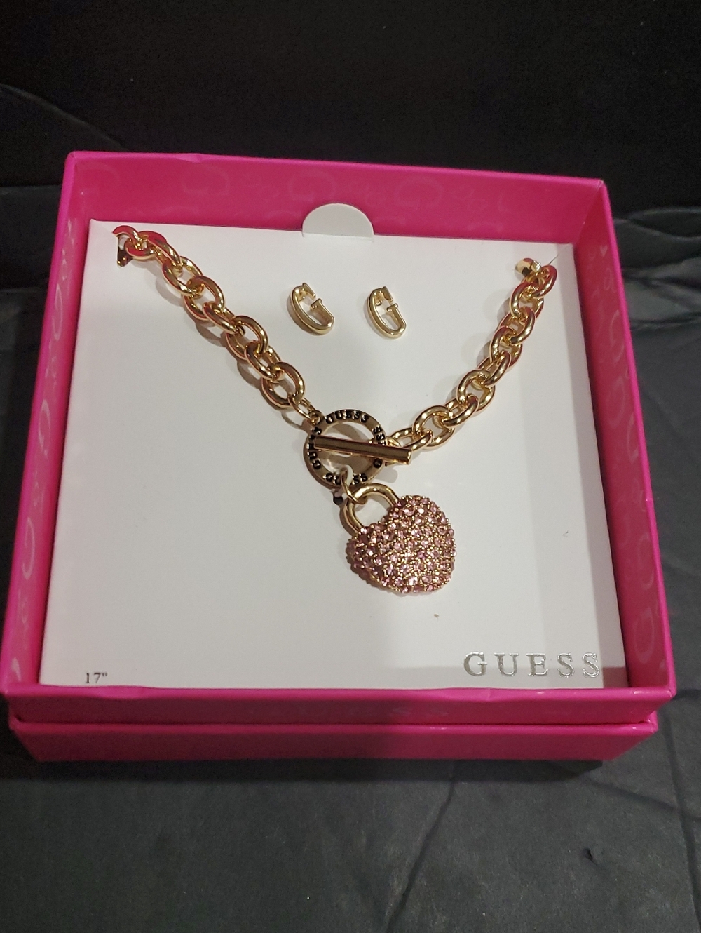 Guess y2k pink gemstone heart lock toggle pendant necklace & G logo earrings set
